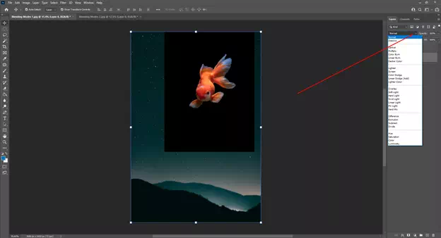 Go to the down-arrow shown in the image below and get all the blending options of Photoshop