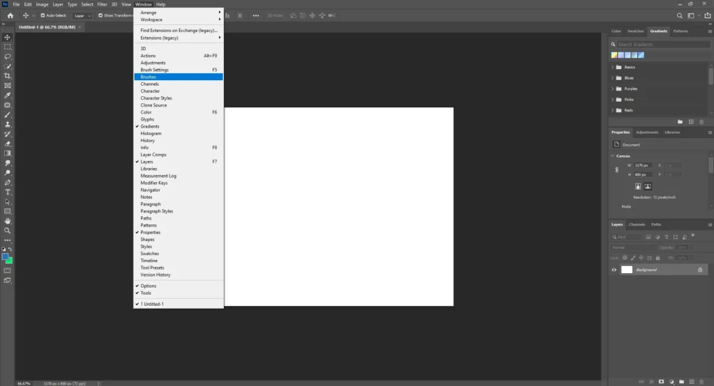 go to window and click on brushes to install in photoshop