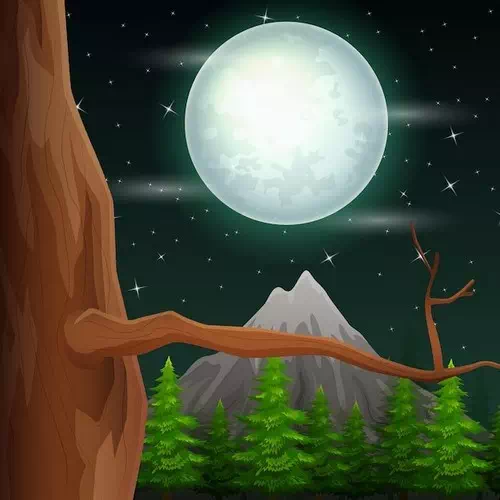 Night landscape with old tree and full moon illustration