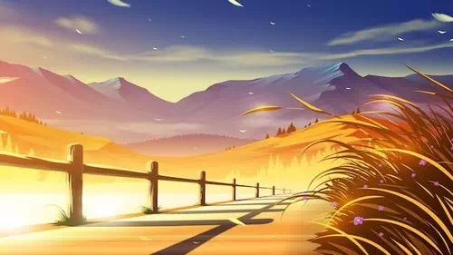 Vector illustration of a lakeside walkway with beautiful mountain scenery