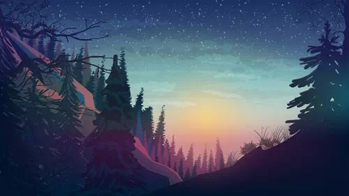 Vector sunset in the mountains with pine forest