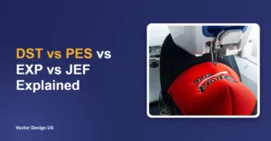 Embroidery file formats guide banner showing a cap being stitched on an embroidery machine