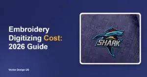 Embroidery digitizing cost guide banner showing an embroidered shark logo stitched on fabric