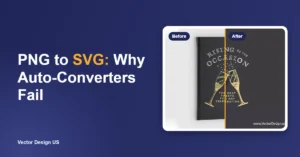 PNG to SVG troubleshooting guide banner with a photographed book cover before and the clean vector artwork after